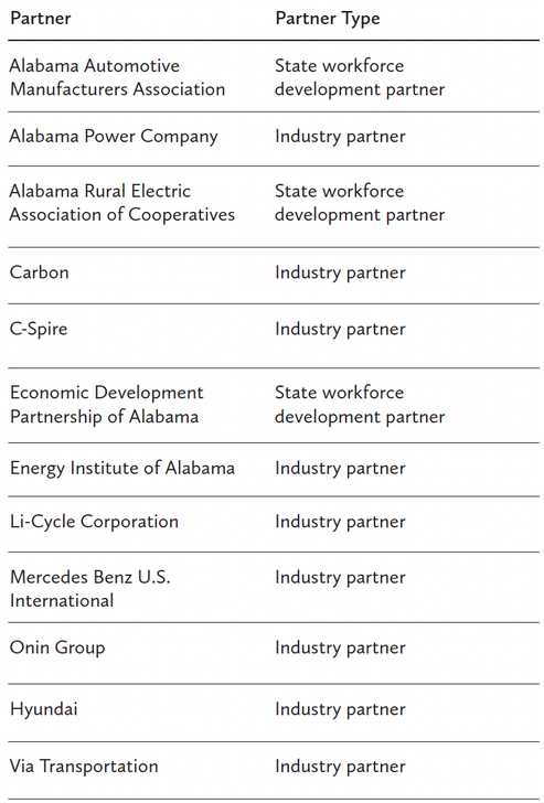 Table describing the Private sector partners and partner types